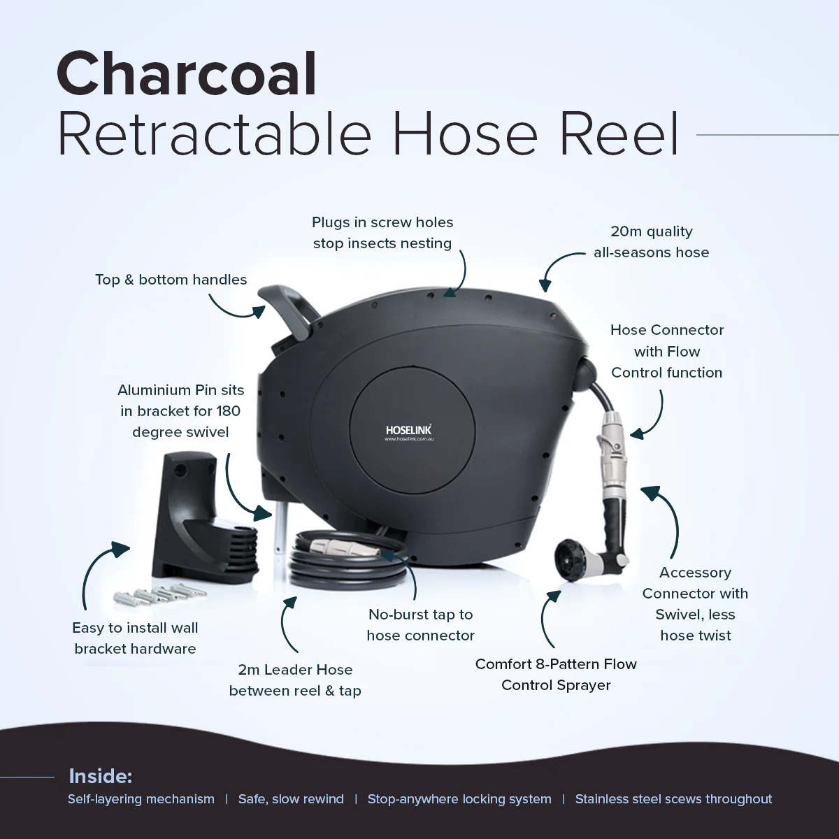 Classic 20m Retractable Hose Reel | Charcoal - Image 6